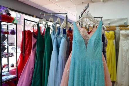Inside Oriental Pearl with wedding and prom dresses on display