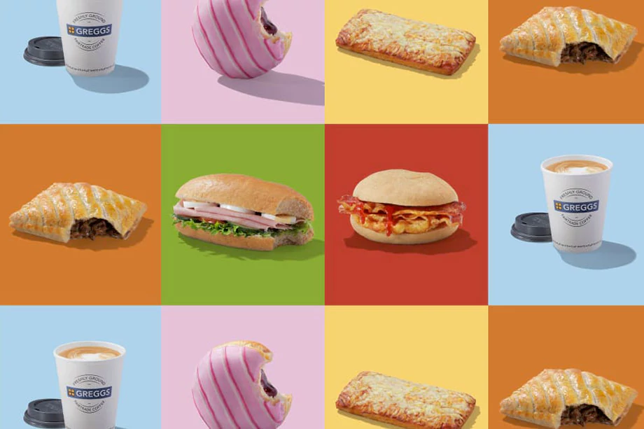 Greggs products on coloured squares