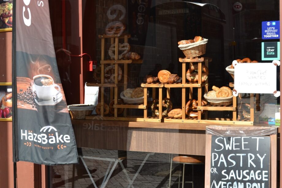 front of Hazsbake shop with bread and cafe sign
