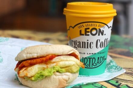 Leon breakfast bun and takeaway coffee