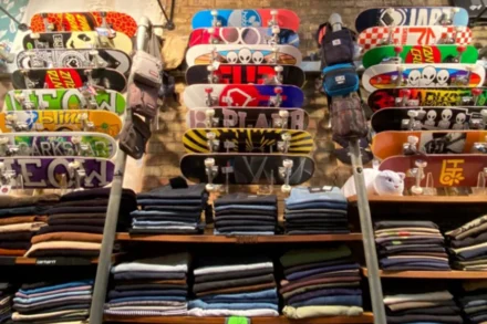 An Image in front of Natterjack’s shop with clothes and skateboard  logo