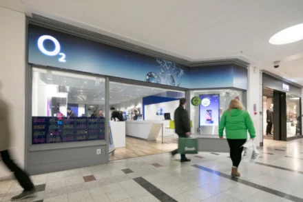O2 shop in bentall centre with people walking past