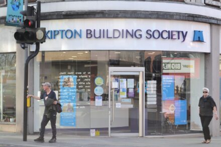 People outside the Skipton Building bank