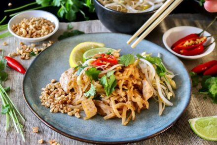 Five plates of classic thai dishes