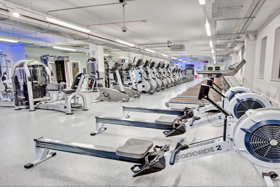 Rowing machines and gym equipment lined up in a large gym